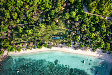 Aerial view of Haad Tien Beach and resort in Shark Bay, koh Tao, Thailand