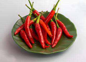 Rote Chilischoten auf gr&uuml;nem Blattteller &ndash; Scharfe W&uuml;rze