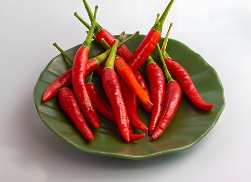 Rote Chilischoten auf gr&uuml;nem Blattteller &ndash; Scharfe W&uuml;rze
