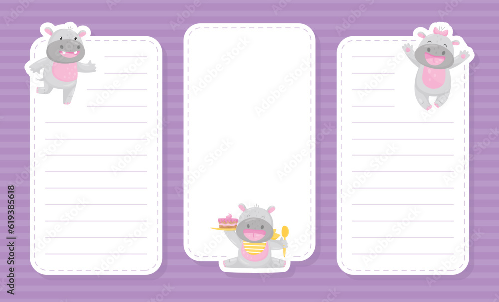 Poster card with cute hippo character in different pose vector template