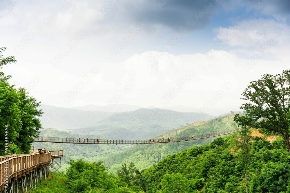 Aufkleber scenic view of a tourists on a bridge in a green mountain range on a foggy day