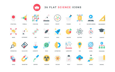Outline biology and chemistry laboratory research, AI and machine learning, astronomy and space, data structure analysis of scientist. Science technology trendy flat icons set vector illustration