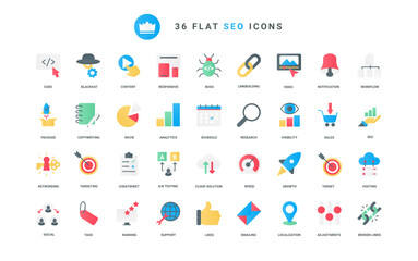 Social media analytics and internet network, mobile app symbols, copywriting and niche research, likes for content and links. SEO, business technology trendy flat icons set vector illustration
