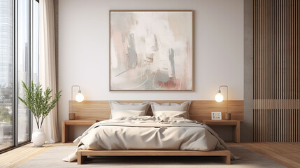 Wooden bedroom and canvas over bed with linens, beige walls and window. , Generative ai