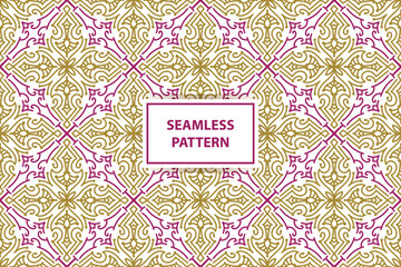 oriental seamless pattern. White, purple and gold background with Arabic ornament. Pattern, background and wallpaper for your design. Textile ornament. Vector illustration.