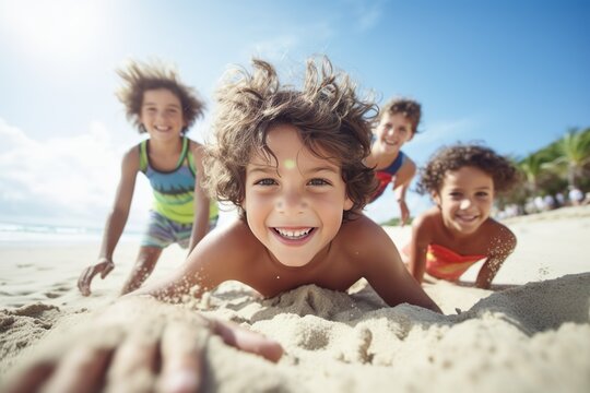 Summer Beach Fun: Happy Kids Playing and Enjoying the Sun, Sand, and Sea, Generative AI