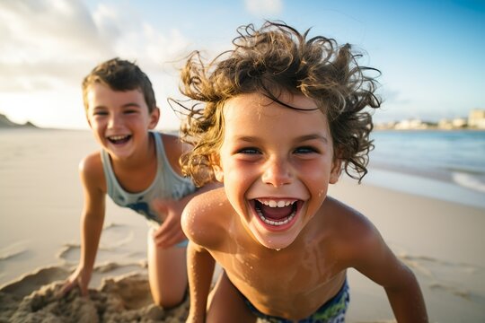 Summer Beach Fun: Happy Kids Playing and Enjoying the Sun, Sand, and Sea, Generative AI