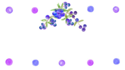 ブルーベリーの背景フレーム、手描きの水彩風イラスト。