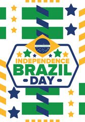 Brazil Independence Day. Happy national holiday. Freedom day. Celebrate annual in September 7. Brazil flag. Patriotic brazilian design. Poster, card, banner, template, background. Vector illustration