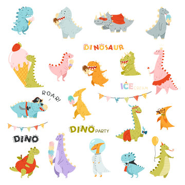 Dino Party with Happy Dinosaurs with Ice Cream and Wearing Costumes Big Vector Set