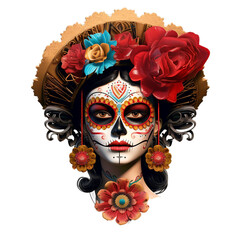 Isolated PNG cutout of a dia de los muertos, Maxican girl portrait wearing carnival mask of the day of the dead, Generative ai