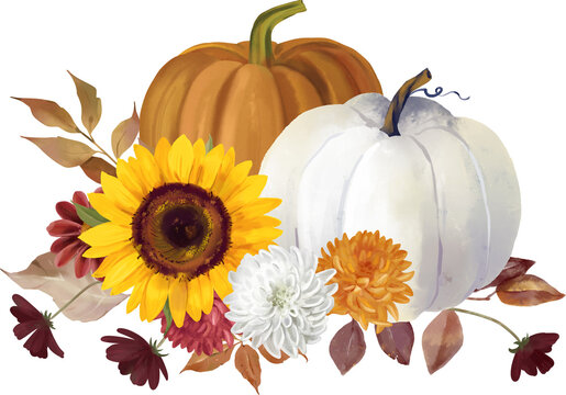 Watercolor floral pumpkin illustration, fall bouquets . Pastel pumpkins and flower arrangements in rustic style.