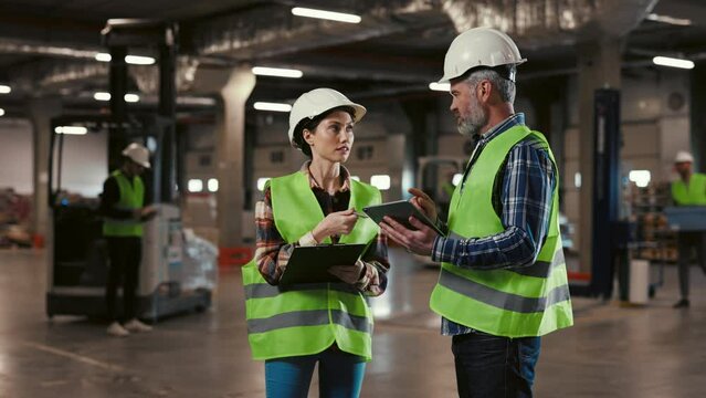 Two Employees at Warehouse. Male Engineer Holding Tablet and Explaining Tasks to Woman Contractor. Workers Collaborate to Create Plan in Background of Equipment Factory