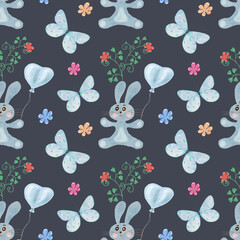 Watercolor pattern with Rabbit. Seamless Children's Pattern with Blue Rabbit and Butterfly in flowers. Design for textiles, wrapping and wallpaper.