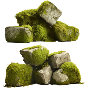 mossy rocks, collection of overgrown stones isolated, png file, generative ai