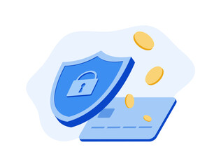 Experience secure mobile bank payments with bank credit card. Protect online transactions concept with shield icon. Flat vector illustration for online payment security. Isolated on white background