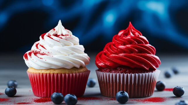 Cup cakes decorated in red white and blue for 4th July celebration., Generative AI