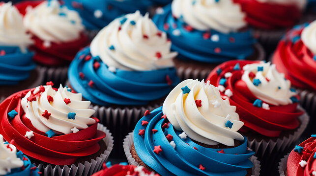 Cup cakes decorated in red white and blue for 4th July celebration., Generative AI
