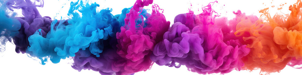 panorama wide shot of multi colored smoke bomb explosion clouds on transparent background