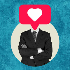 Art collage, headless businessman, and hearts on blue background.