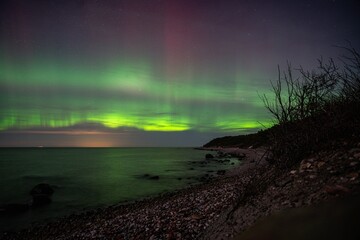 Northern Lights shimmering across the night sky above a shoreline