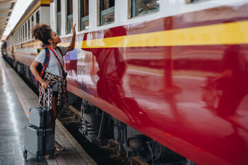 Tourists african american are showing happy expressions while waiting for their journey in the train station.