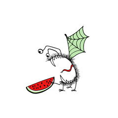 Vector card with hand drawn cute monster eating a ripe juicy watermelon. Graphic style, ink drawing. Beautiful design elements, funny illustration.