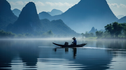 traditional fisherman on boat in Vietnam