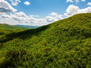 Hills with lush greenery against the background of a blue sky. Indian Grave Gap, North Carolina.