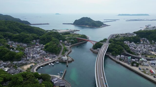 Ushibuka, Japan: Aerial view of the Haiya Bridge in the Amakusa island in kyushu in Japan on a overcast spring cold day