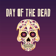 Inscription Day of the Dead, banner with colorful Mexican flowers. Fiesta, holiday poster, party flyer, funny greeting card