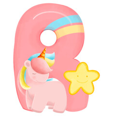 Alphabet with cute unicorn, font in hand-drawn cartoon style. illustration png for your design