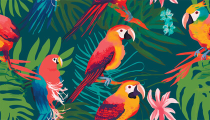 Exotic abstract tropical pattern with parrots. Colorful botanical abstract contemporary seamless pattern. Hand drawn unique print.