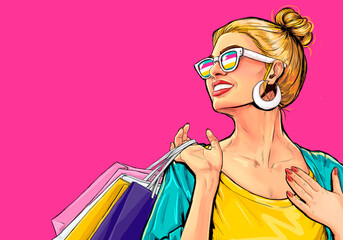 Amazed young smiling sexy woman in glasses with shopping  bags in comic style.  Pop Art  wow girl looks somewhere. Advertising poster with surprised magazine cover female model. - 619393018