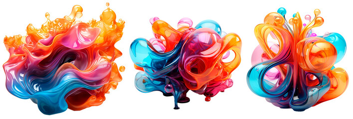 a set of colorful mesmerizing abstract dynamic flow shape design elements on transparent background