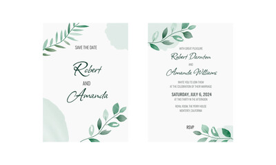 Rustic wedding invitation, green leaves in watercolor style