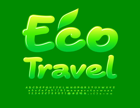 Vector creative banner Eco Travel with decorative Leaf. Green gradient Font. Handwritten Alphabet Letters, Numbers and Symbols set