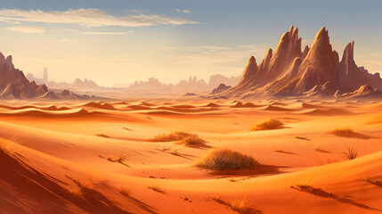 Golden dunes under a vast desert sky.