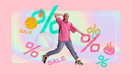 Young girl in stylish casual clothes over pink background with design elements. Mega sales for your shopping. Contemporary art collage. Concept of shopping, sales, Black Friday, creativity. Banner, ad