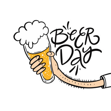 Hand drawn cartoon style beer glass in hand and beer day lettering.
