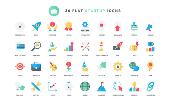 Success solution analysis, investment in creative idea, online product marketing and company organization. Startup technology, project development trendy flat icons set vector illustration