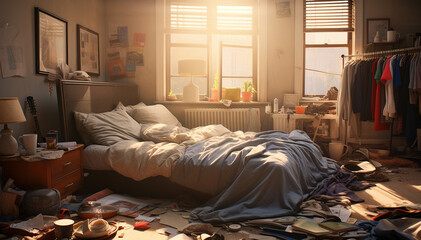 Very messy, cluttered teenage boy's bedroom with piles of clothes, music and sports equipment. Young Teenager interior