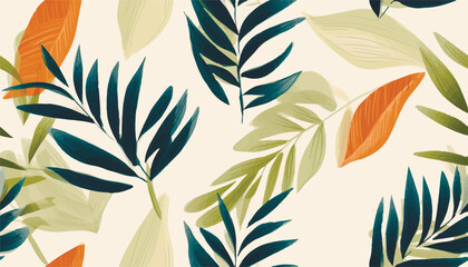 Fototapeta na wymiar Beautiful bright modern botanical print. Hand drawn leaves collage contemporary seamless pattern.