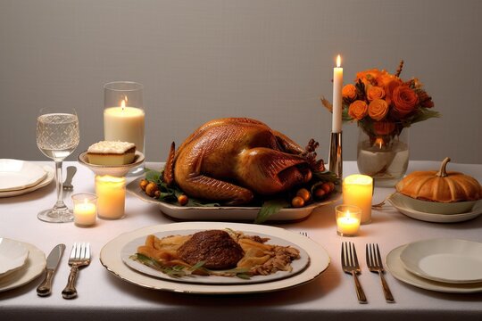 Thanksgiving dinner with turkey. Autumn table setting with pumpkins and candles. Fall home decoration. Generative AI