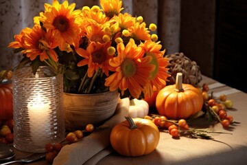 Naklejka na ściany i meble Autumn table setting with pumpkins and candles. Fall home decoration. Generative AI