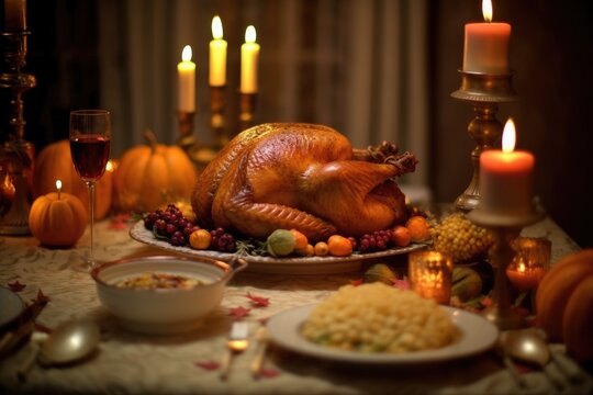 Thanksgiving dinner with turkey. Autumn table setting with pumpkins and candles. Fall home decoration. Generative AI