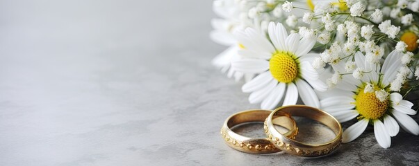 Obraz na płótnie Canvas Beauty of gold ring and rose wedding celebration, jewelry with romantic flowers, luxurious table background, love and romance on beautiful anniversary and valentine's day