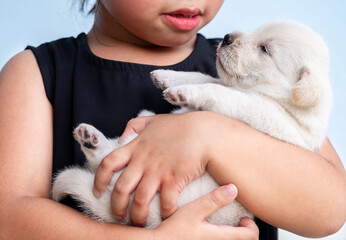 Girl in black shirt holding white puppy, child playing with dog, child hugging puppy, Pets