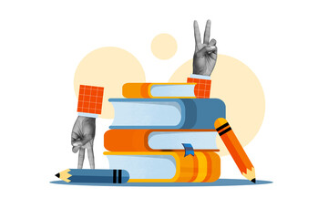 Poster artwork collage banner of two arms choose many book library variety assortment academic...
