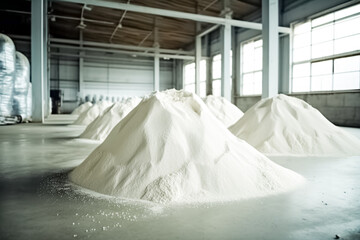 Fototapeta na wymiar White heap or pile of salt granules of phosphorus fertilizers on chemical plant. 